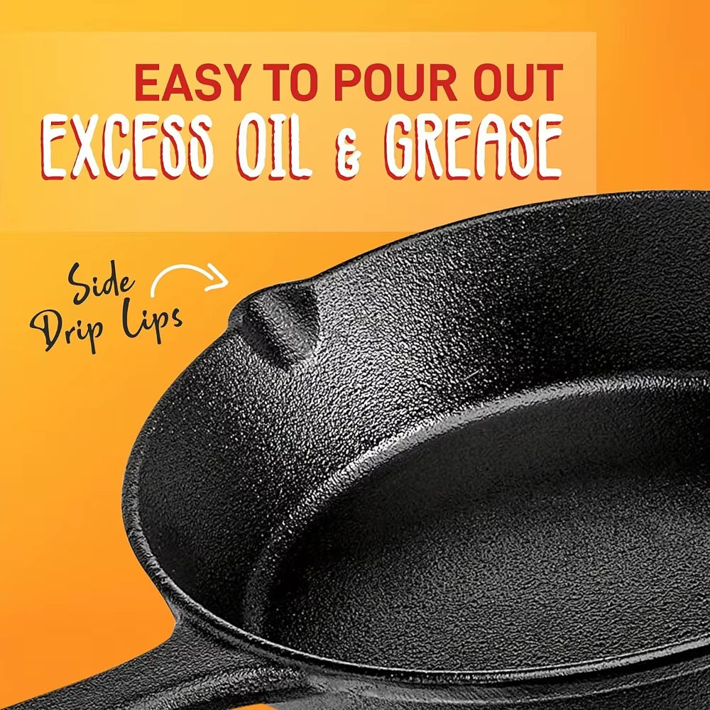 3PCS Cast Iron Skillet Set (6/8/10 Inch) Pre-Seasoned, Heavy-Duty Pans for Oven, Grill & Campfire, Even Heat, Non-Stick Surface