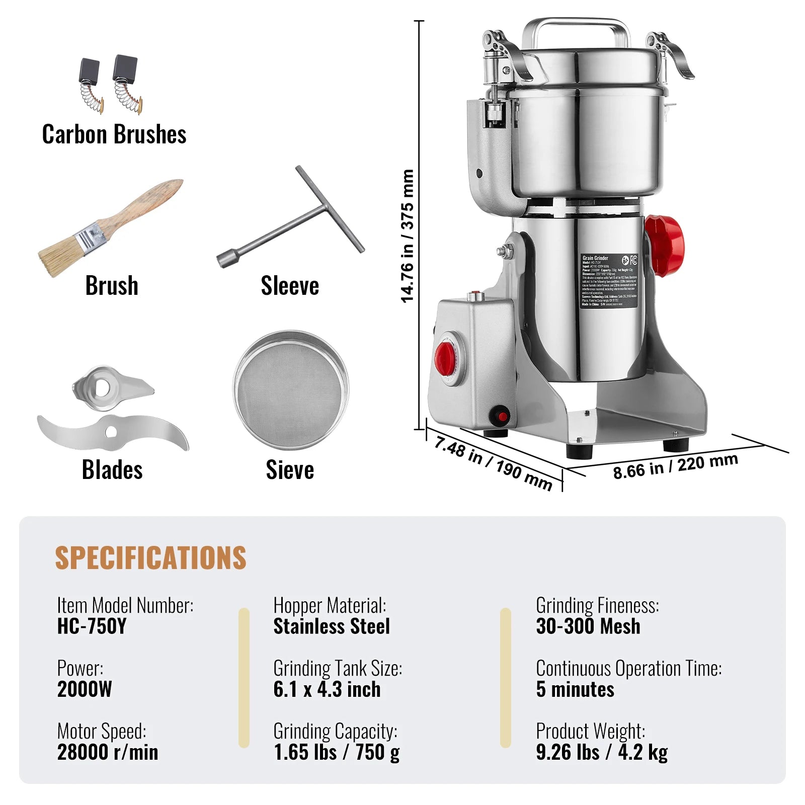 150-2500G Electric Grain Mill Grinder Commercial Swing Spice Grinders for Dry Herbs Grains Spices Cereals Coffee Corn