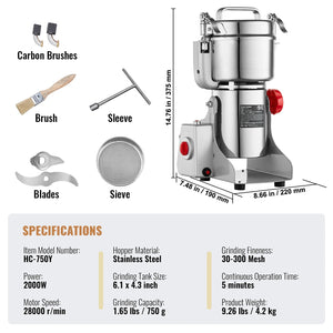 150-2500G Electric Grain Mill Grinder Commercial Swing Spice Grinders for Dry Herbs Grains Spices Cereals Coffee Corn