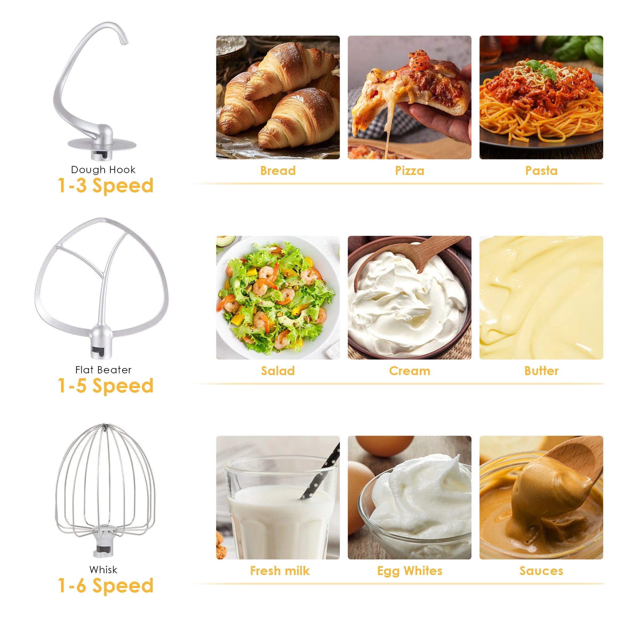 Kitchen Food Stand Mixer, Blender, Quiet Motor, Cream Egg Whisk, Whip Dough Kneader, 6-Speed, 1200 W, 6 L, DC