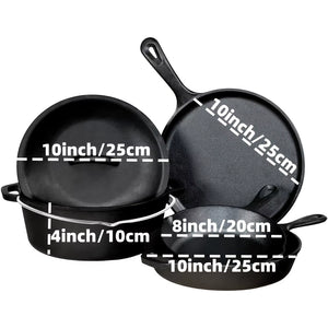 3PCS Cast Iron Skillet Set (6/8/10 Inch) Pre-Seasoned, Heavy-Duty Pans for Oven, Grill & Campfire, Even Heat, Non-Stick Surface