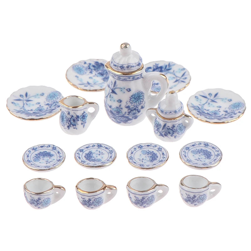 15Pcs 1:12 Dollhouse Miniature Tableware Porcelain Ceramic Tea Cup Set Model Kitchen Accessories for Doll House Decor Toys Gift