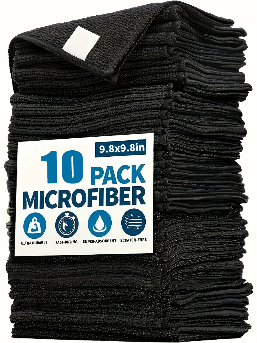 Heavy Duty Microfiber Cleaning Towels, 10 Pack, 25X25Cm, Ultra Soft & Highly Absorbent, Dry & Wet Use, Streak-Free Cleaning