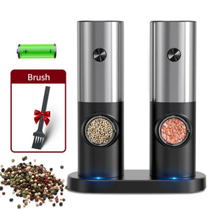 Electric Automatic Mill Pepper and Salt Grinder with Base Set Battery Powered with LED Light Adjustable Coarseness Kitchen Tool