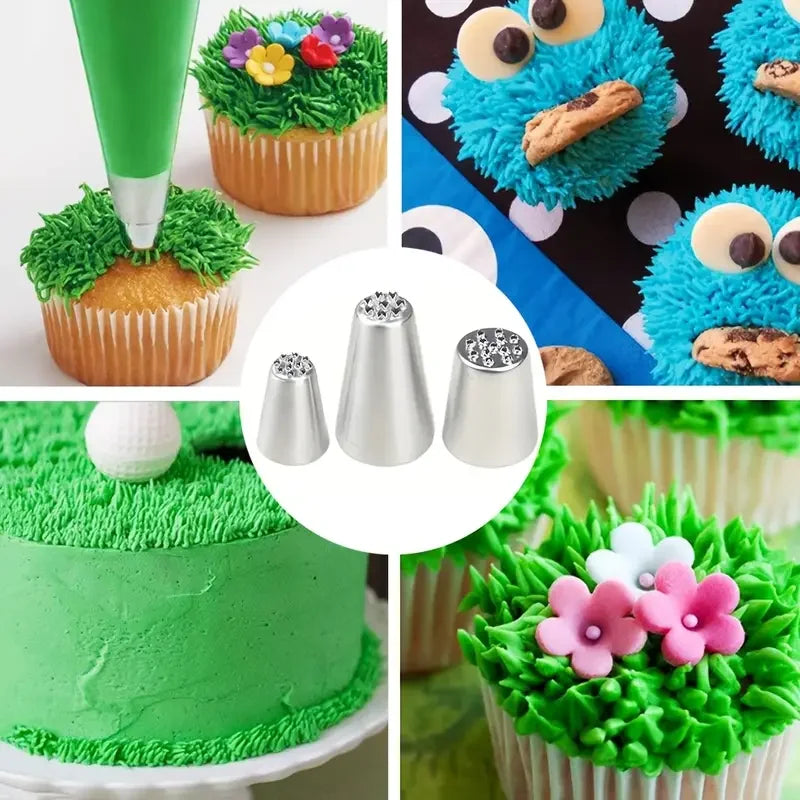 3Pcs Stainless Steel Cake Decorating Set Seamless Icing Tips&Grass Piping Nozzles Ideal for DIY Cake Decorating Baking Supplies