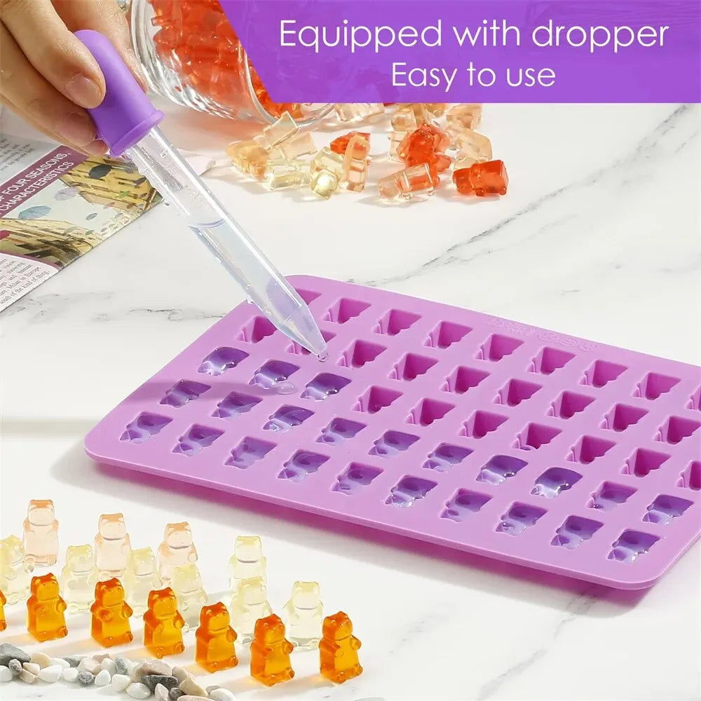Gummy Bear Molds Silicone Mini Chocolate Candy Mold for Kid with 2 Droppers Including Dinosaur Bear Hearts Donut Shape