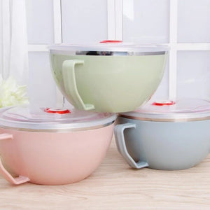 1PCS Stainless Steel Bowl with Handle Solid Color anti Scalding Instant Noodles Mixing Bowl Kitchen Tableware Food Accessory