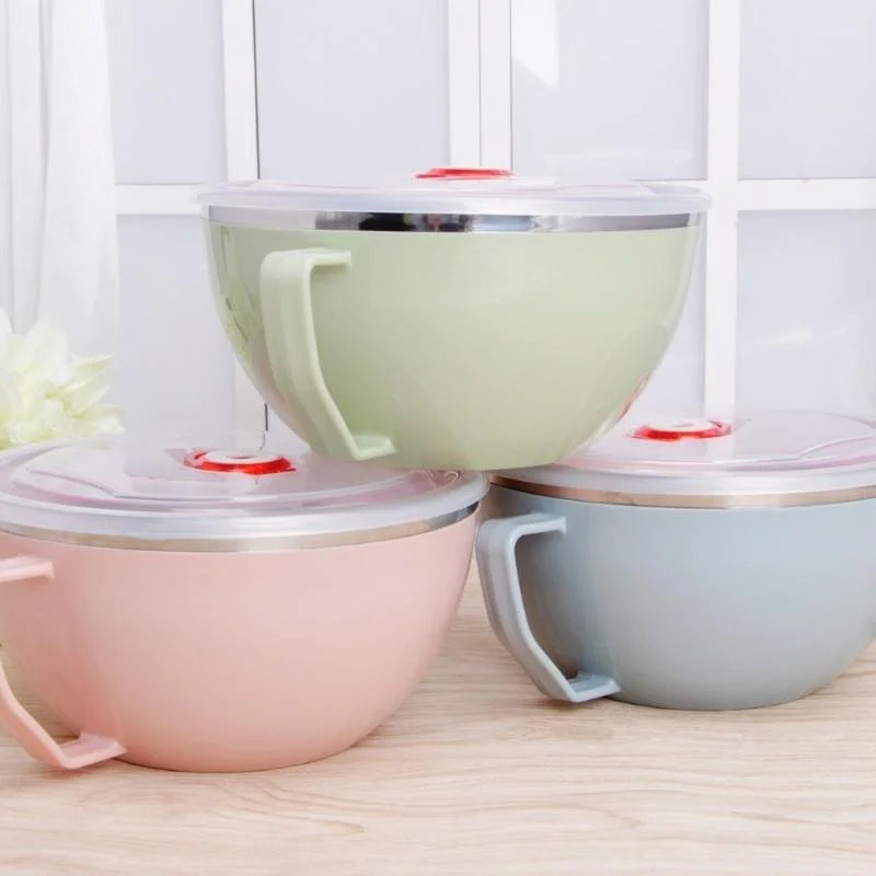 1PCS Stainless Steel Bowl with Handle Solid Color anti Scalding Instant Noodles Mixing Bowl Kitchen Tableware Food Accessory