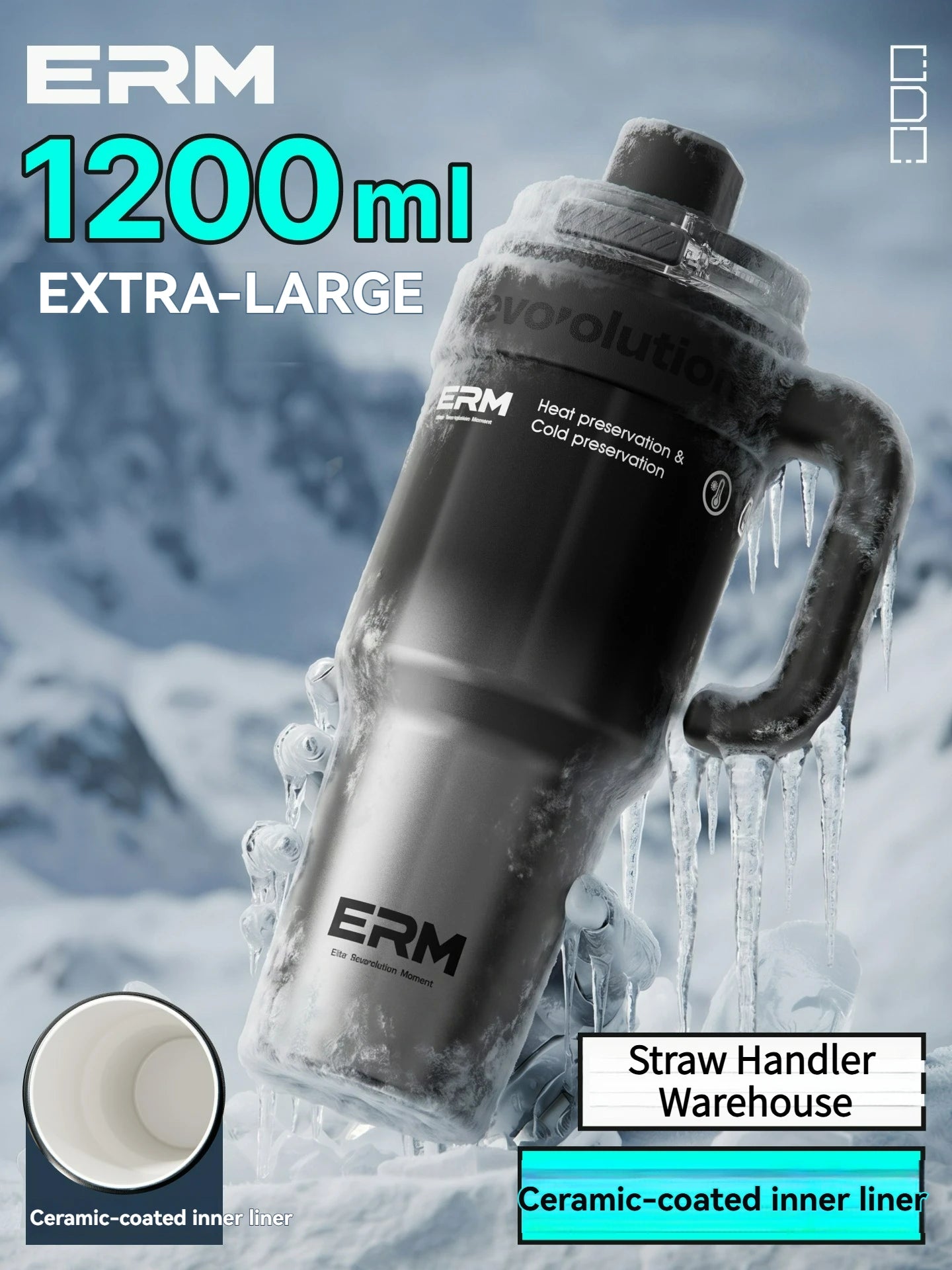 1200ML Extra Large Ceramic Tumbler Drinkware Stainless Steel Water Bottle Insulated Vacuum Flask Straw & Handle Leakproof