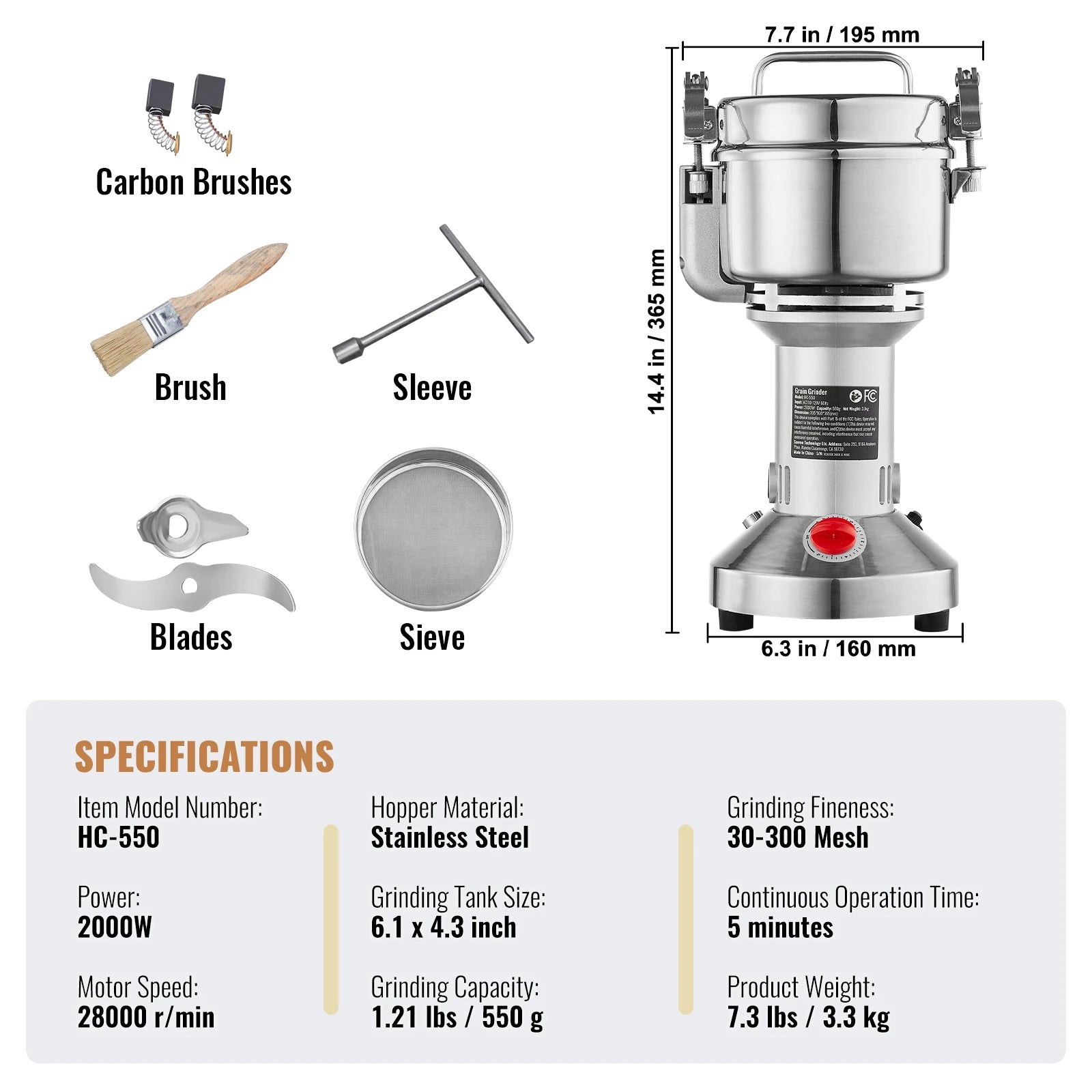 150-2500G Electric Grain Mill Grinder Commercial Swing Spice Grinders for Dry Herbs Grains Spices Cereals Coffee Corn
