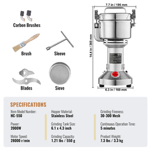 150-2500G Electric Grain Mill Grinder Commercial Swing Spice Grinders for Dry Herbs Grains Spices Cereals Coffee Corn