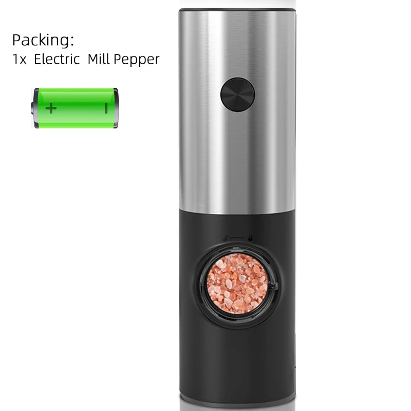 Electric Automatic Mill Pepper and Salt Grinder with Base Set Battery Powered with LED Light Adjustable Coarseness Kitchen Tool