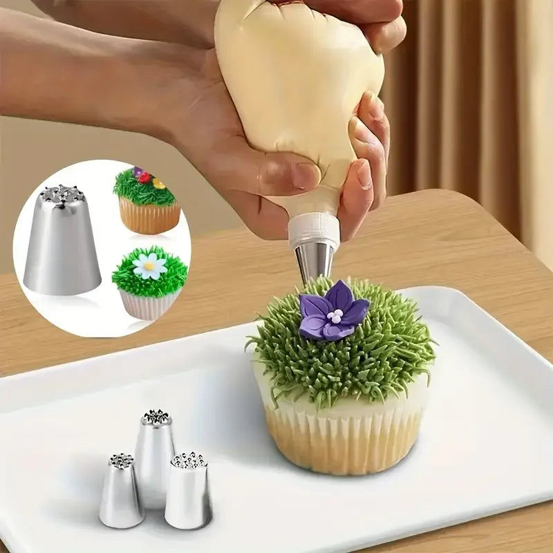 3Pcs Stainless Steel Cake Decorating Set Seamless Icing Tips&Grass Piping Nozzles Ideal for DIY Cake Decorating Baking Supplies