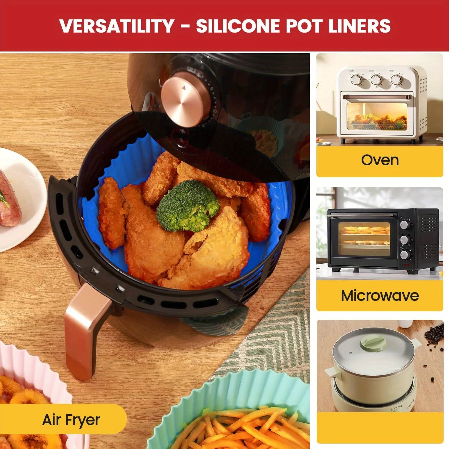 6PC Air Fryer Mats - 450°F Silicone Non-Stick Dual Texture Dishwasher Safe Crispy/Steam Cooking