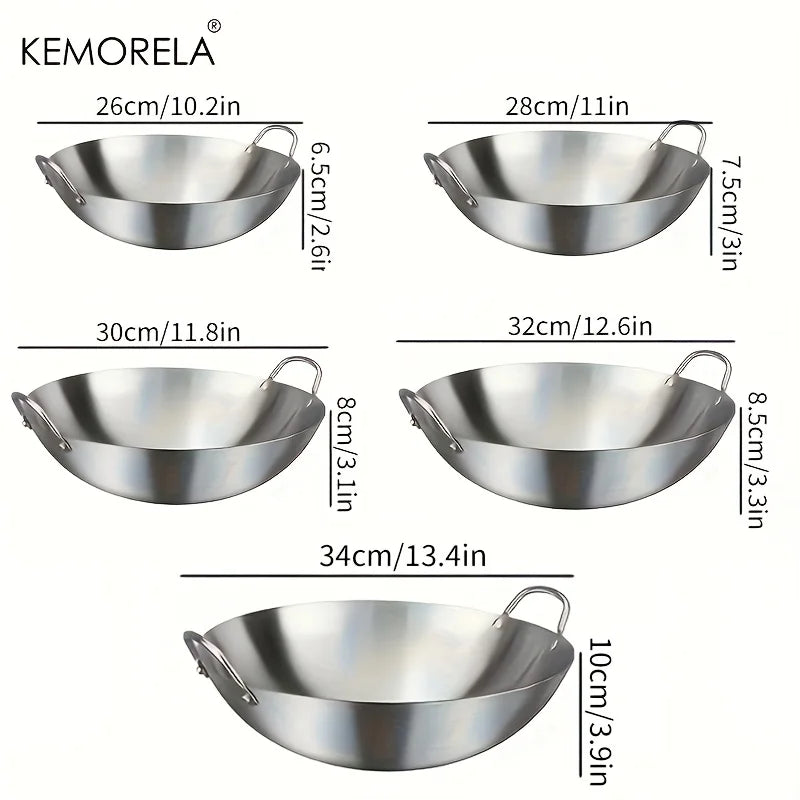 1PCS Stainless Steel Wok Uncoated 26/28/30/32/34Cm High Quality Double Handle Chef Pan Suitable for Home Stir-Fried Beef Cooking