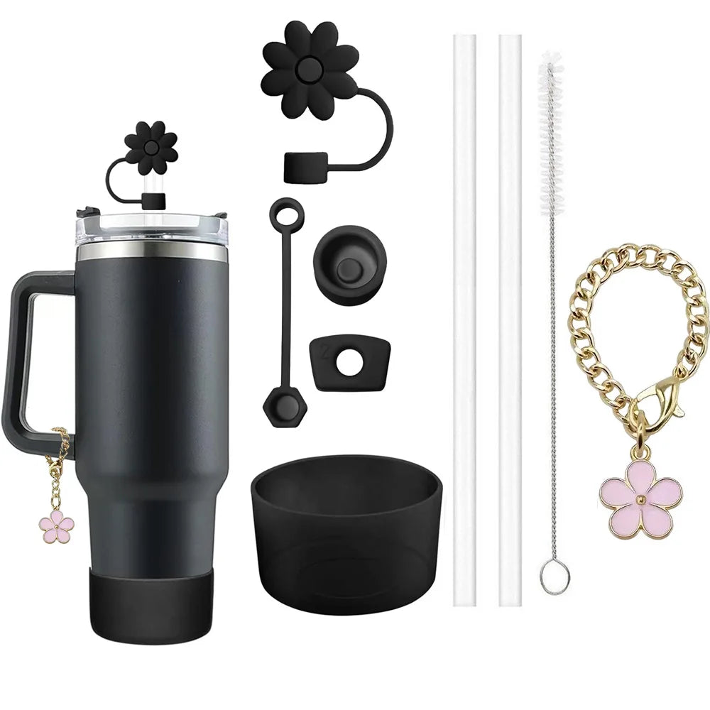 9Pcs Accessories Set 3 Spill Proof Stopper Flowers Straw Cover Boot 2 Straw and Brush and 1 Flower Charm Chain for Stanley Cup