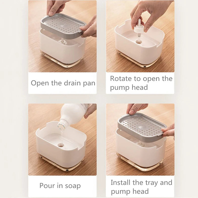 Soap Dispenser Box Press Dispenser Scrubbing Liquid Container Kitchen Bathroom Automatic Detergent Foam Box with Sponge Holder