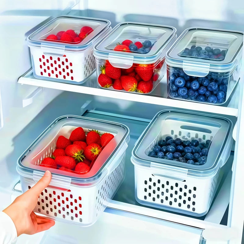 6Pcs/Set Large Capacity Fruit Storage Containers for Fridge with Removable Colander,Keep Berry Fruit Fresh Longer