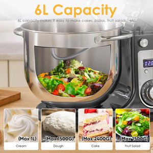 Kitchen Food Stand Mixer, Blender, Quiet Motor, Cream Egg Whisk, Whip Dough Kneader, 6-Speed, 1200 W, 6 L, DC