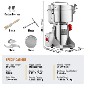 150-2500G Electric Grain Mill Grinder Commercial Swing Spice Grinders for Dry Herbs Grains Spices Cereals Coffee Corn