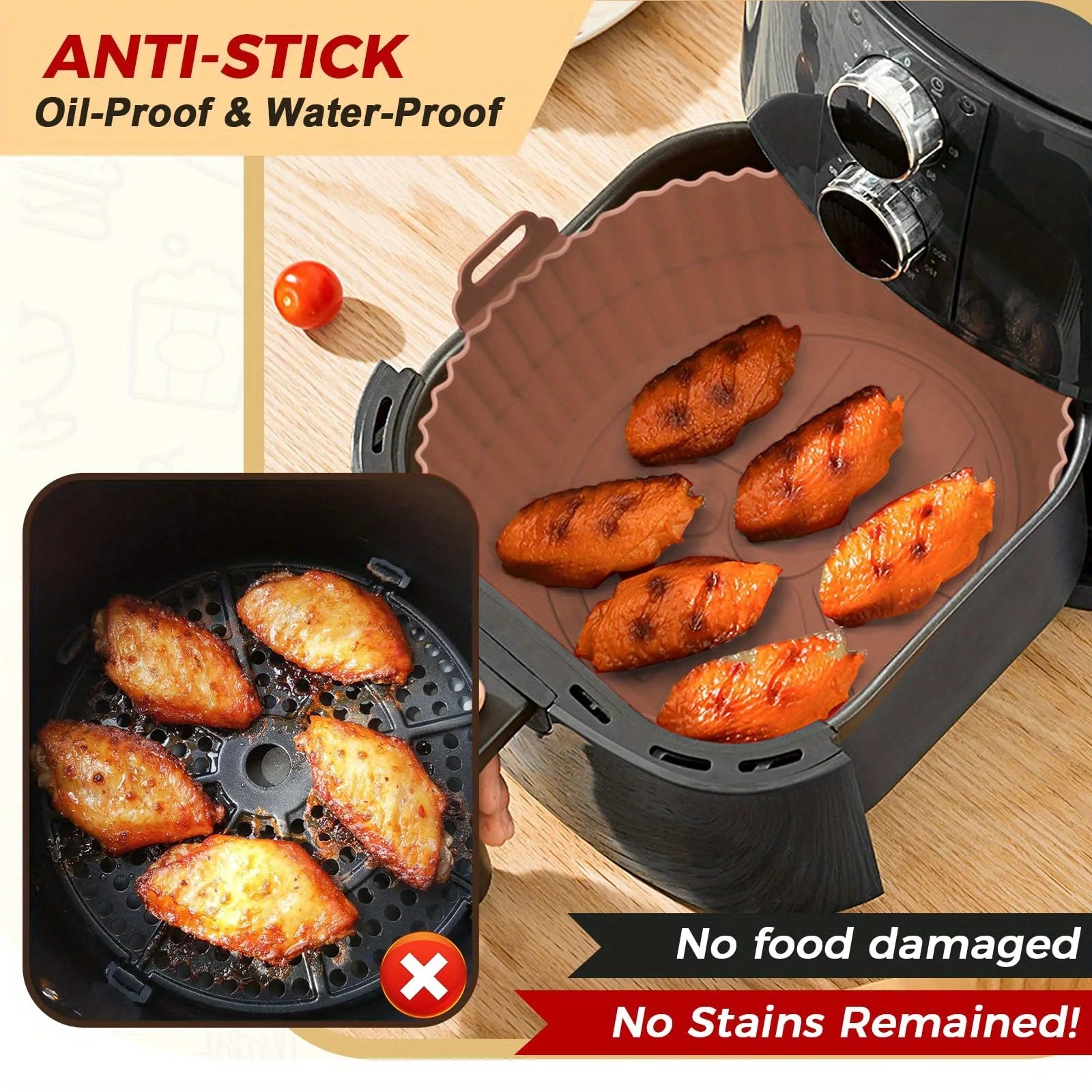 6PC Air Fryer Mats - 450°F Silicone Non-Stick Dual Texture Dishwasher Safe Crispy/Steam Cooking