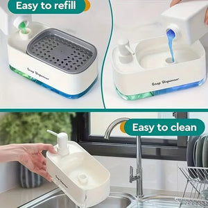3 in 1 Kitchen Soap Dispenser Set with Dual Pump and Sponge Caddy Efficient Cleaning Organizer for Sink Area Countertop Storage