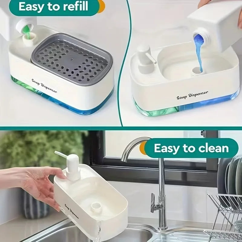 3 in 1 Kitchen Soap Dispenser Set with Dual Pump and Sponge Caddy Efficient Cleaning Organizer for Sink Area Countertop Storage
