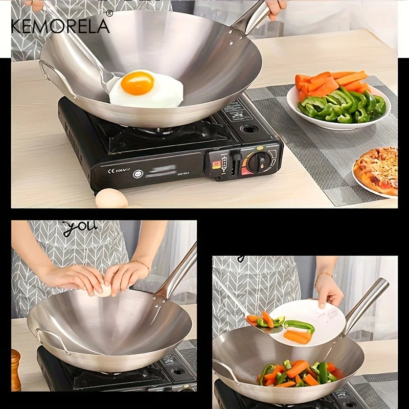 1PCS Stainless Steel Wok Uncoated 26/28/30/32/34Cm High Quality Double Handle Chef Pan Suitable for Home Stir-Fried Beef Cooking