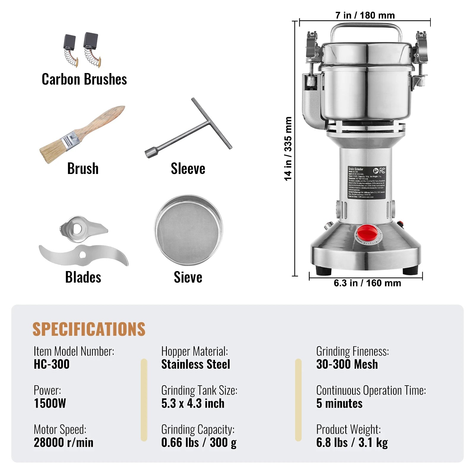 150-2500G Electric Grain Mill Grinder Commercial Swing Spice Grinders for Dry Herbs Grains Spices Cereals Coffee Corn